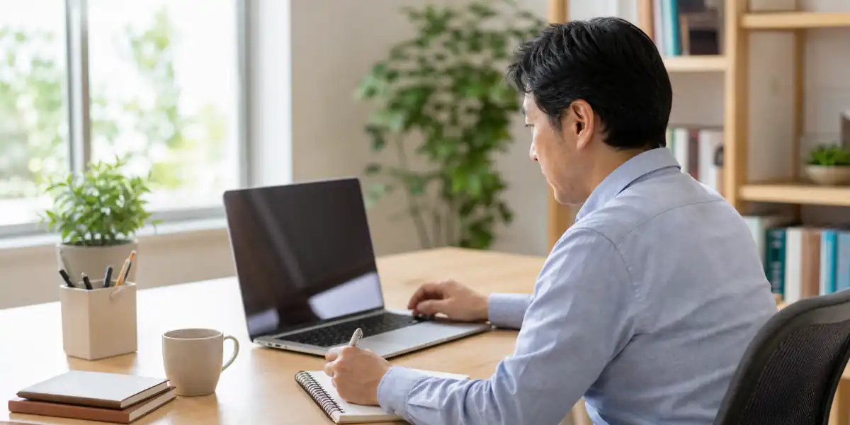 ノートとパソコンで学ぶスキルを選ぶ40代会社員