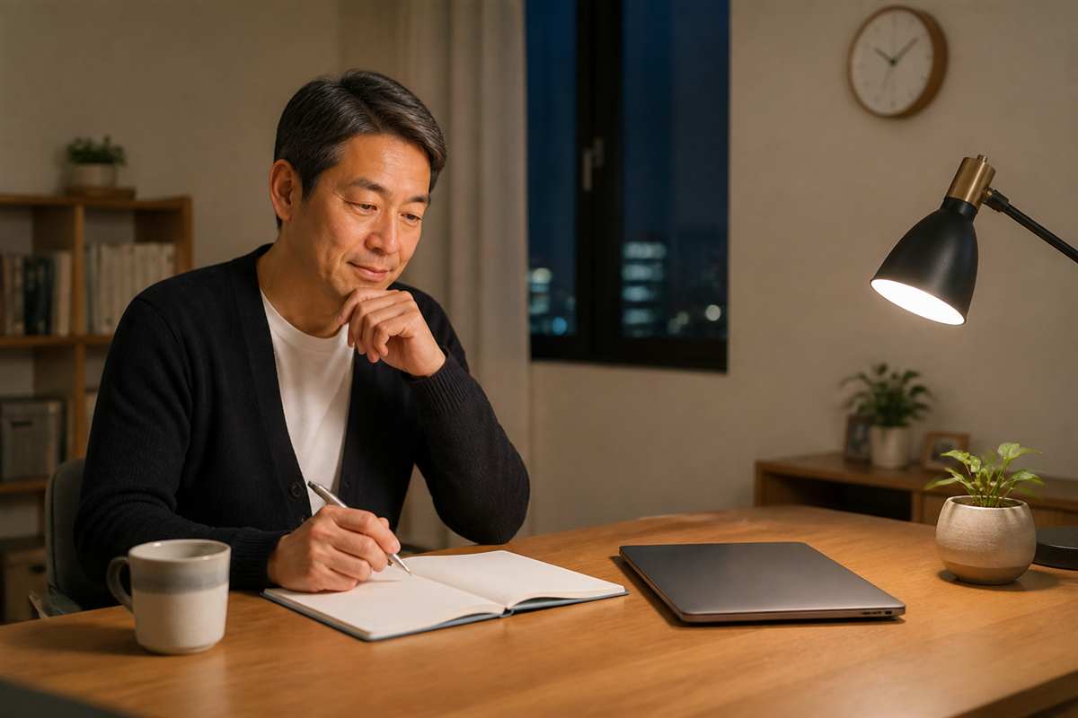 夜の机で、学び直しを再開するきっかけを考える50代の男性