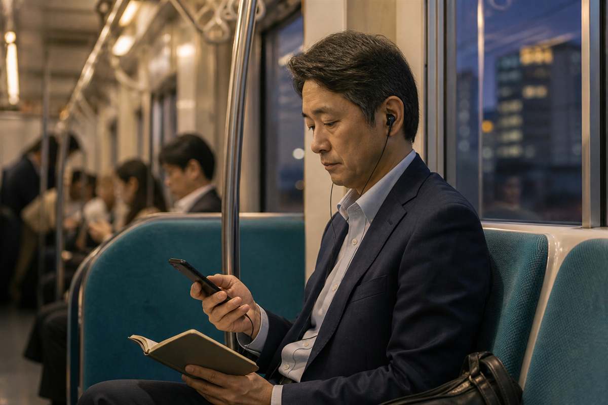 朝・通勤・夜の短い時間を使い、30分の学習を続けるイメージ