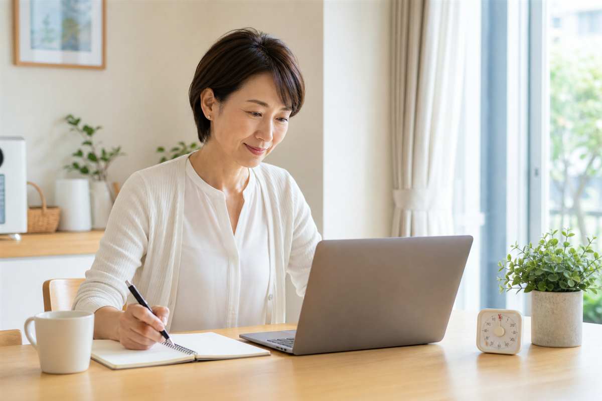ノートとノートパソコンを使い、短時間のAI学習を続ける40代の会社員