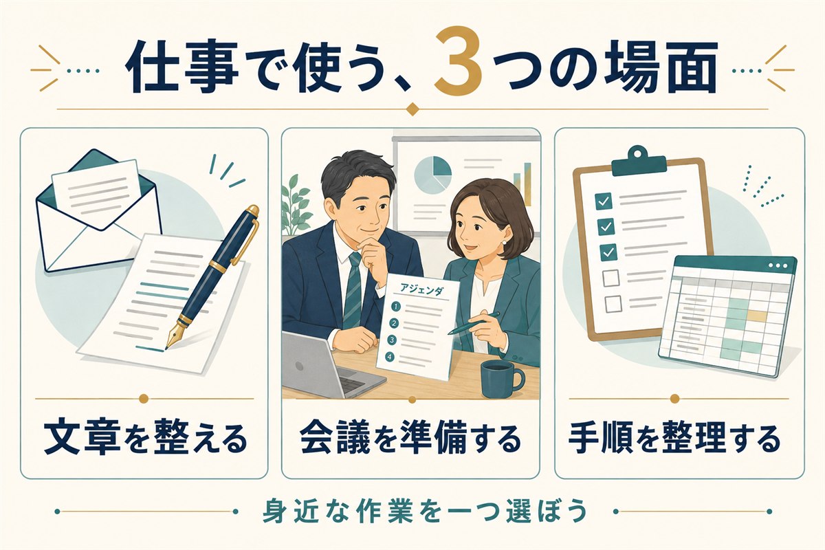 ChatGPTの活用場面を、文章を整える・会議を準備する・手順を整理するの3つに分けた図