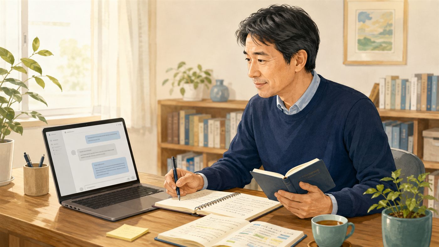 ノートを見ながらChatGPTを練習する様子