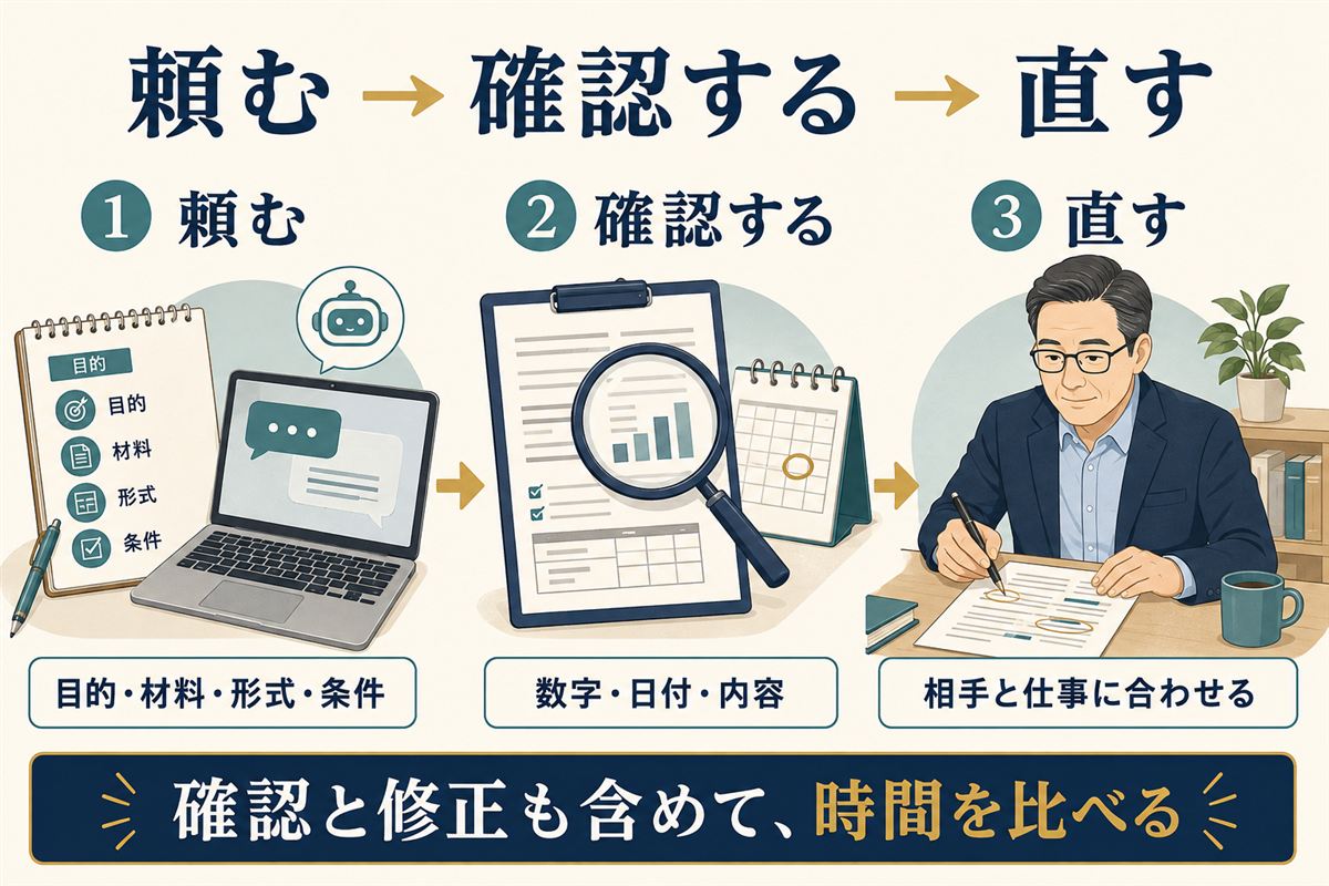 目的・材料・形式・条件を伝え、数字・日付・内容を確認し、相手と仕事に合わせて直す流れ