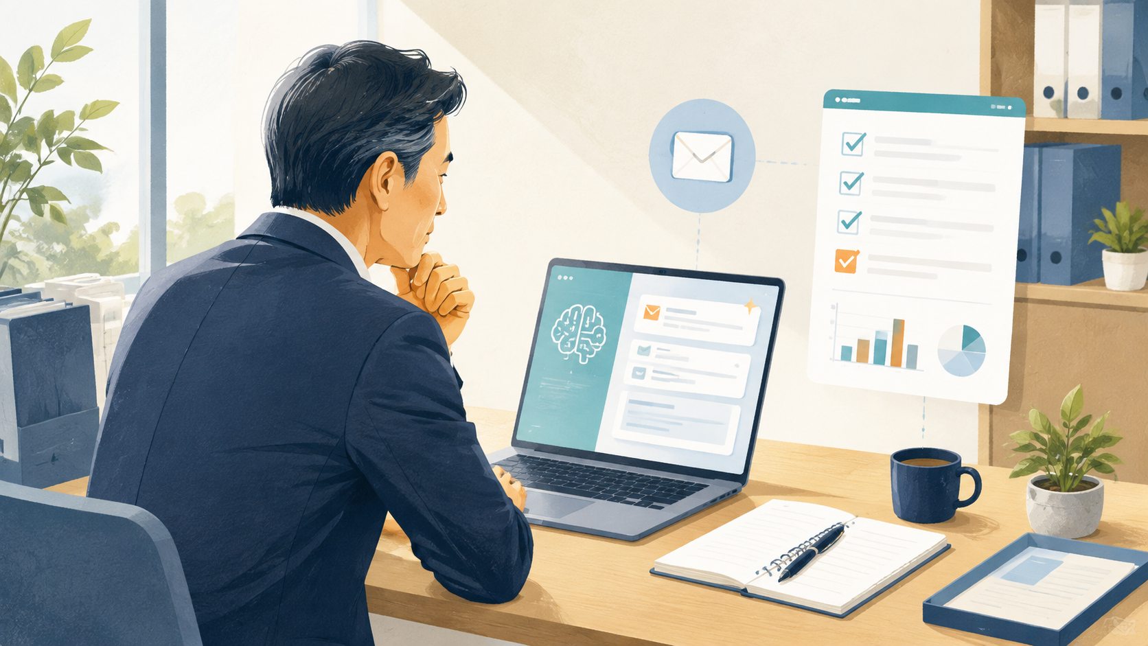 営業担当者がChatGPTを使ってメールと週報の下書きを整えるイメージ