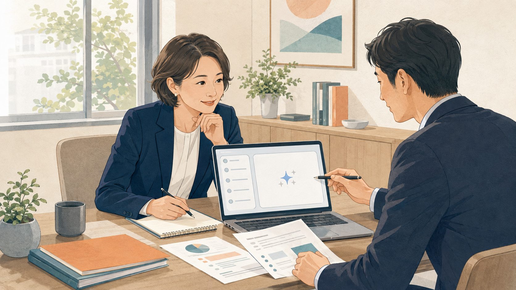 営業担当者が提案書の構成を検討するイメージ