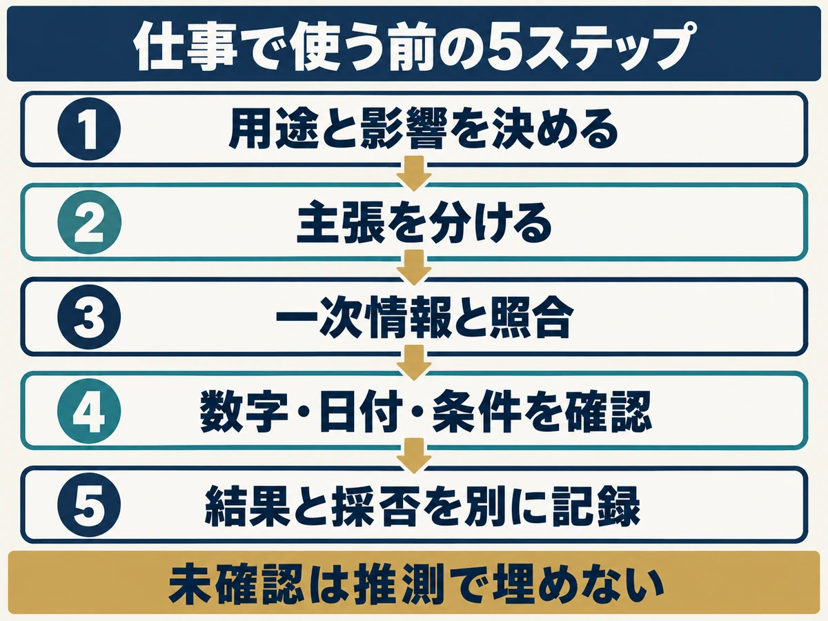 用途と影響、主張の分割、一次情報との照合、数字と日付と条件の確認、結果と採否の記録という5ステップ